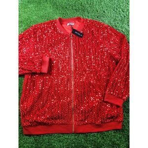 IN'VOLAND Jacket Womens 22W Red Sequin Velvet Bomber Full Zip Lined Party Casual